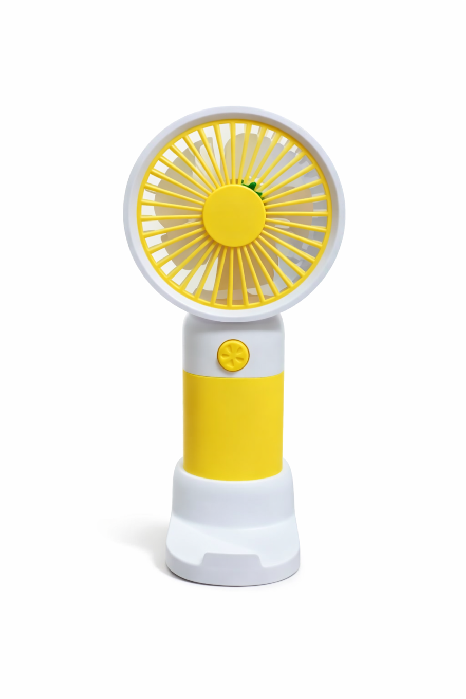 Violet Cassandra portable mini fan with yellow design, compact handheld fan for home and outdoor use