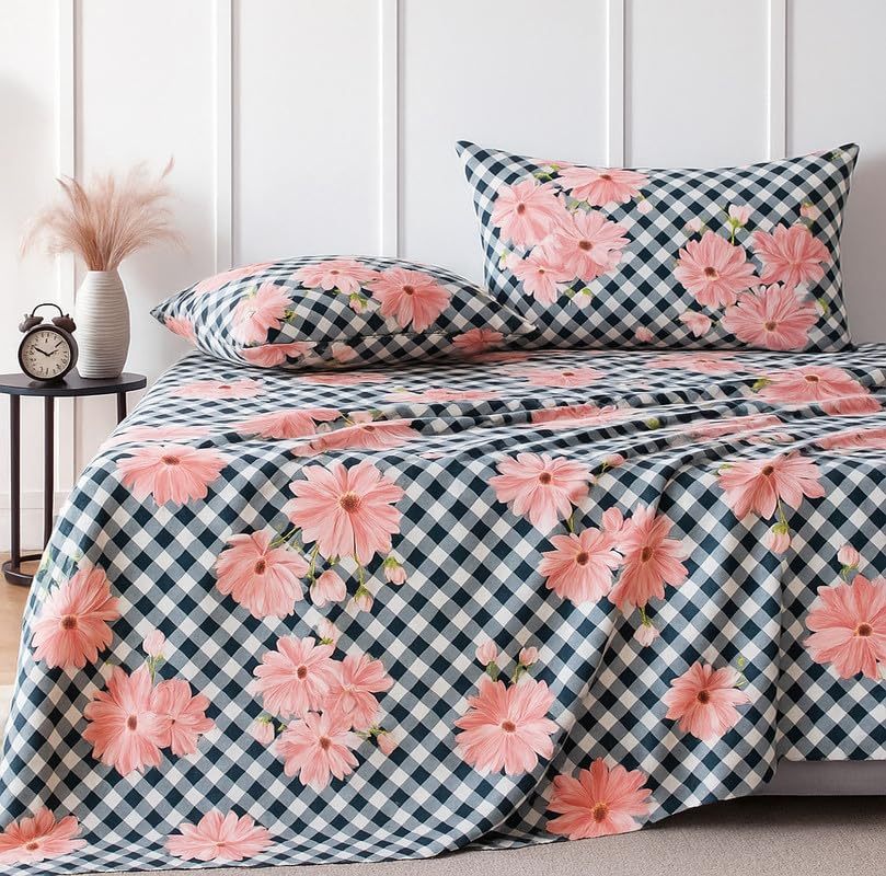 Black and pink XXL king bedsheet set by Lilac Hercules with 300 TC cotton, featuring a stylish home and garden bedding design.