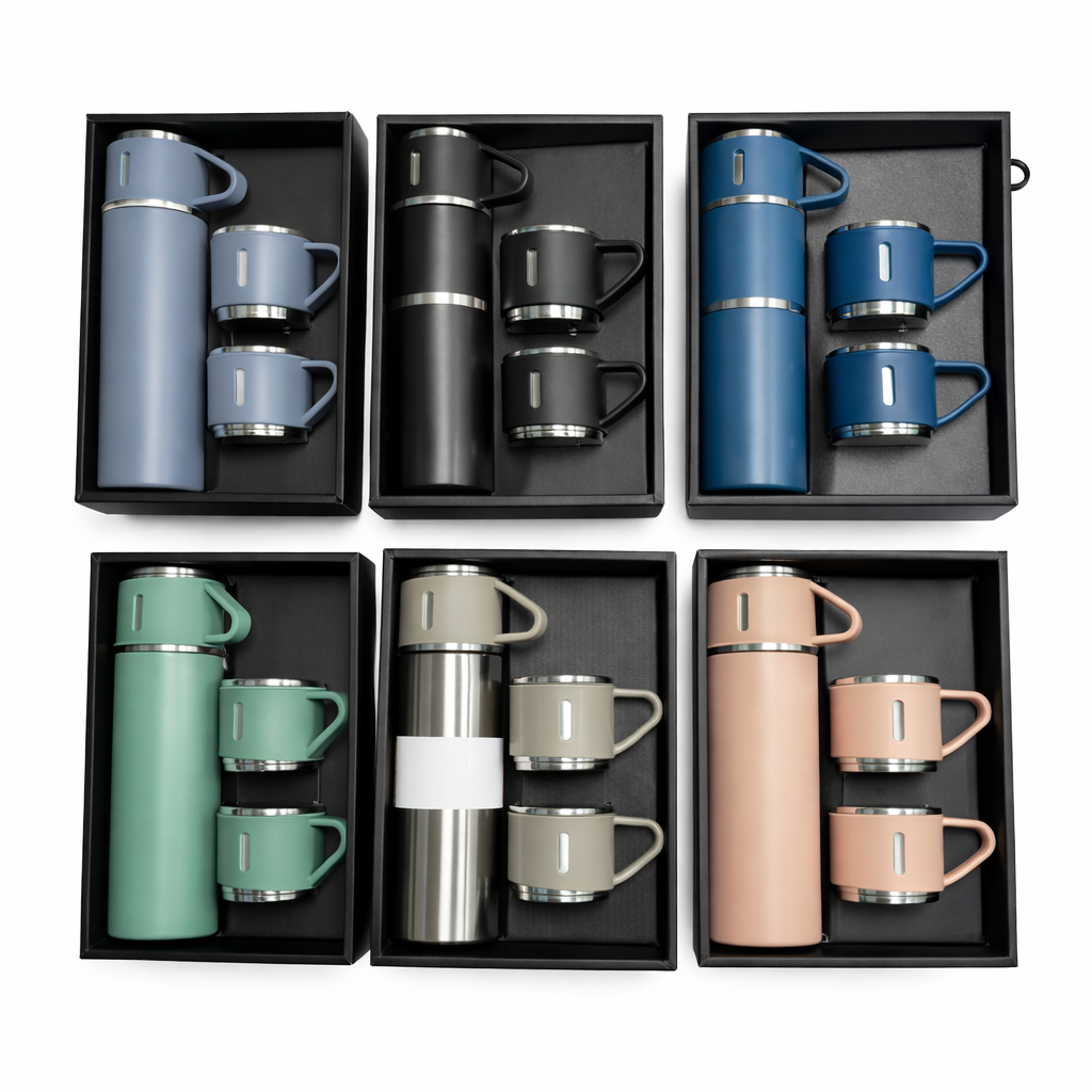 Amethyst Ophion vacuum flask gift set with two cups and bottle, ideal for home and outdoor use, in a sleek, modern design.
