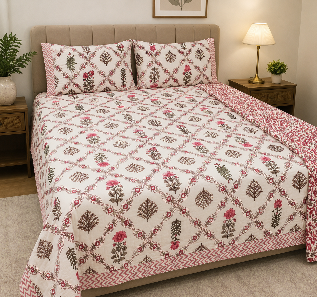 Luxury printed bedsheet with matching pillow cover set by Amber Cronus, featuring intricate floral patterns on soft fabric.