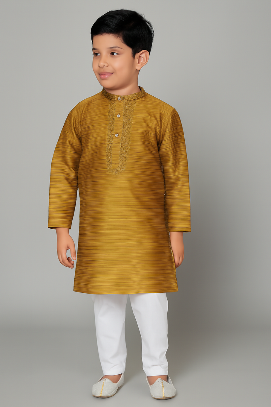 Kids cotton kurta pajama set in golden color, traditional ethnic wear for boys, size 8-9 years, by Tan Dione.
