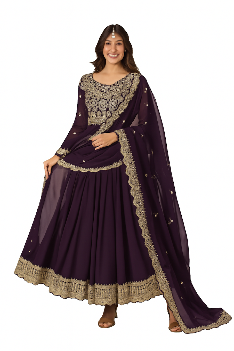 Grey Diomedes embroidered designer gown for women in wine color, size large, featuring intricate embroidery and elegant fabric.