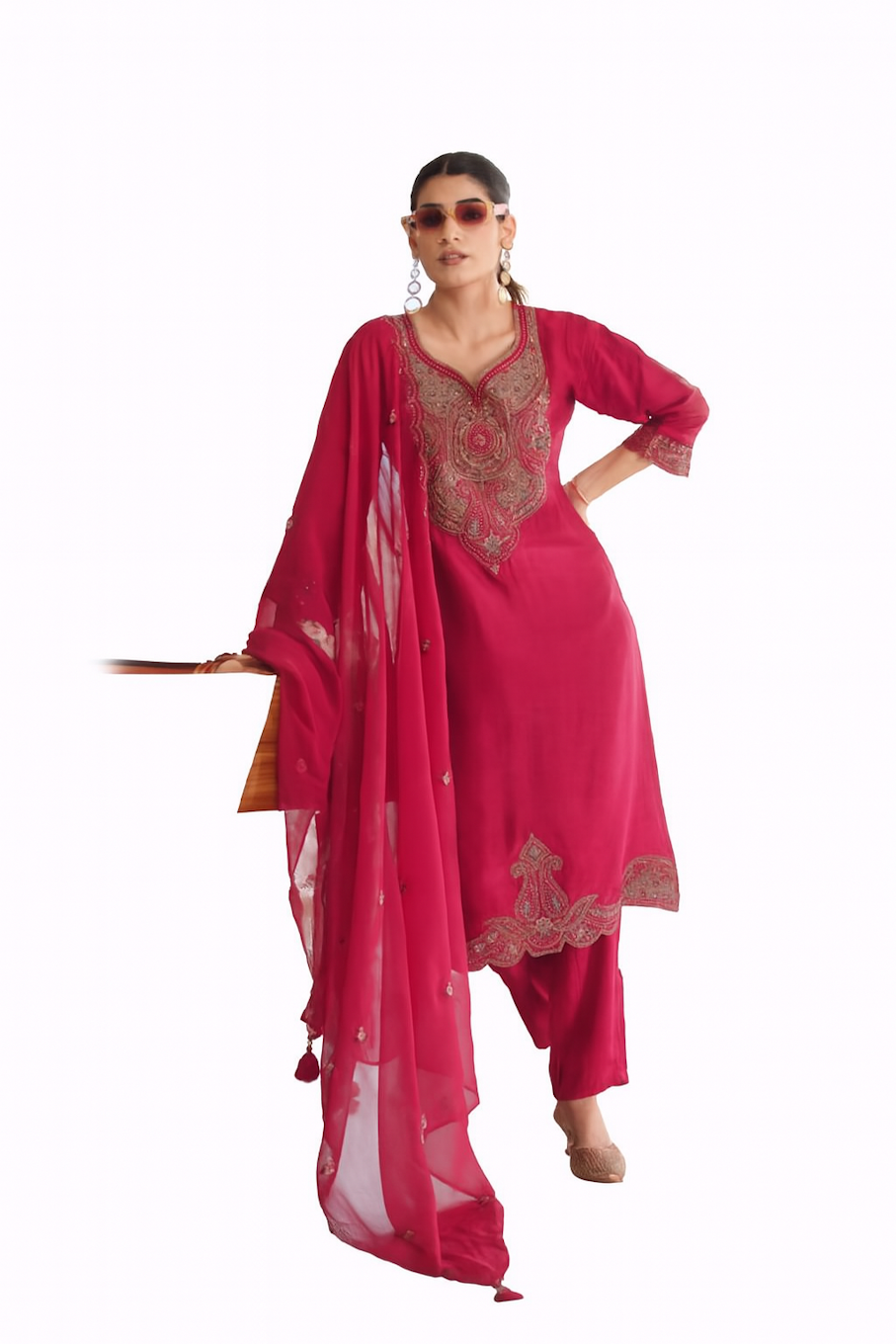 Women’s Rani Pink embroidery Kurta set by Azure Hades, featuring intricate embroidery and matching pants in size 4XL.