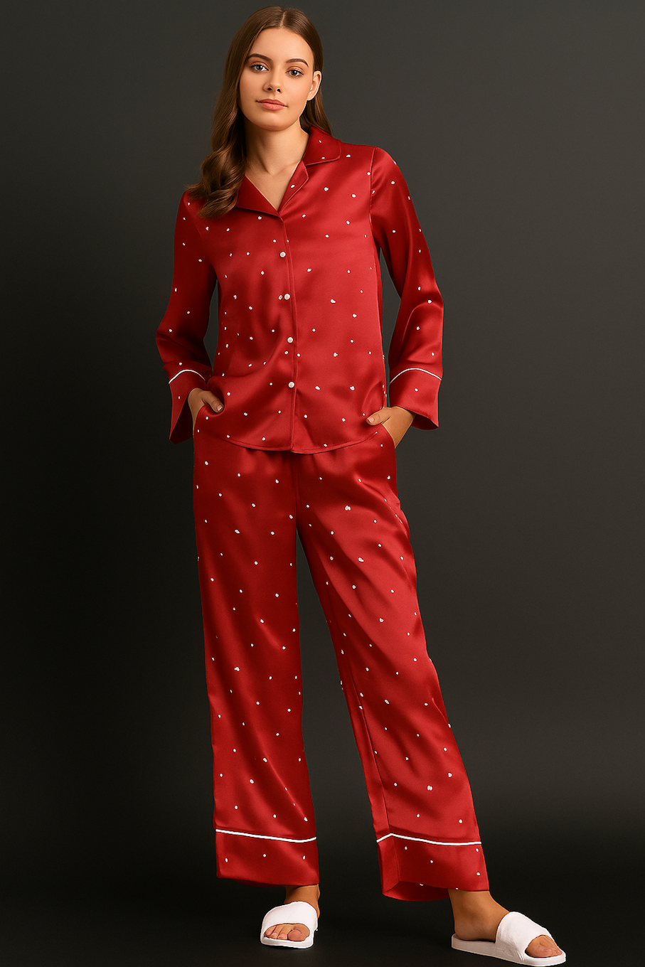 Elegant red satin pajama set with polka dots for women, featuring a comfortable fit from Ultramarine Selene.