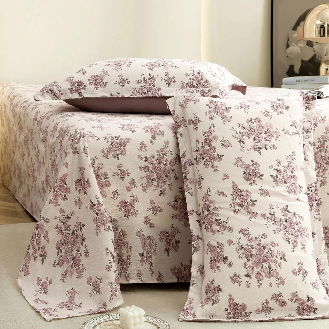 Purple floral Lilac Hercules Air Cotton King bedsheet set with matching pillowcases, featuring a soft, breathable fabric for comfortable sleep.