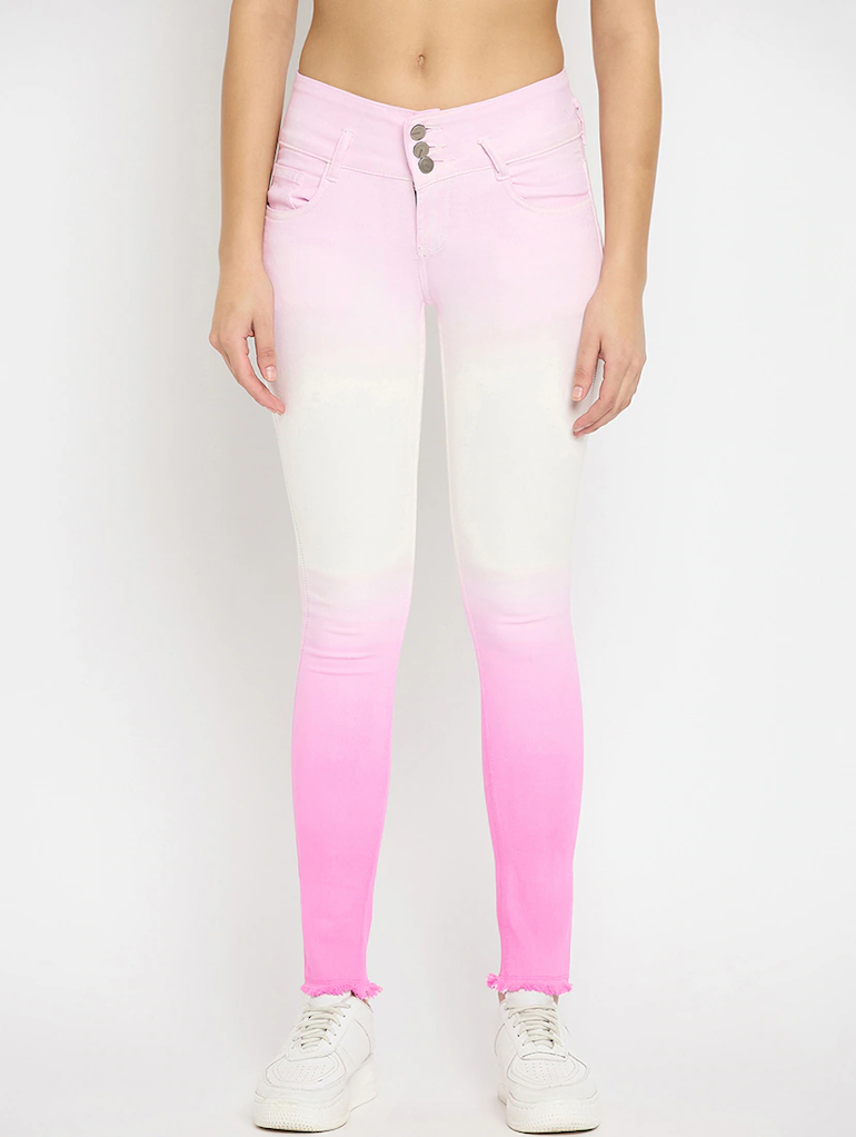 Pink high-rise denim jeans for women by Ochre Ourea, size 32, shown on a model with a close-up of the jeans&
