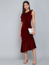 Maroon red velvet asymmetric dress for women by Pear Summer Lilac, size large, showcasing a stylish, elegant design.