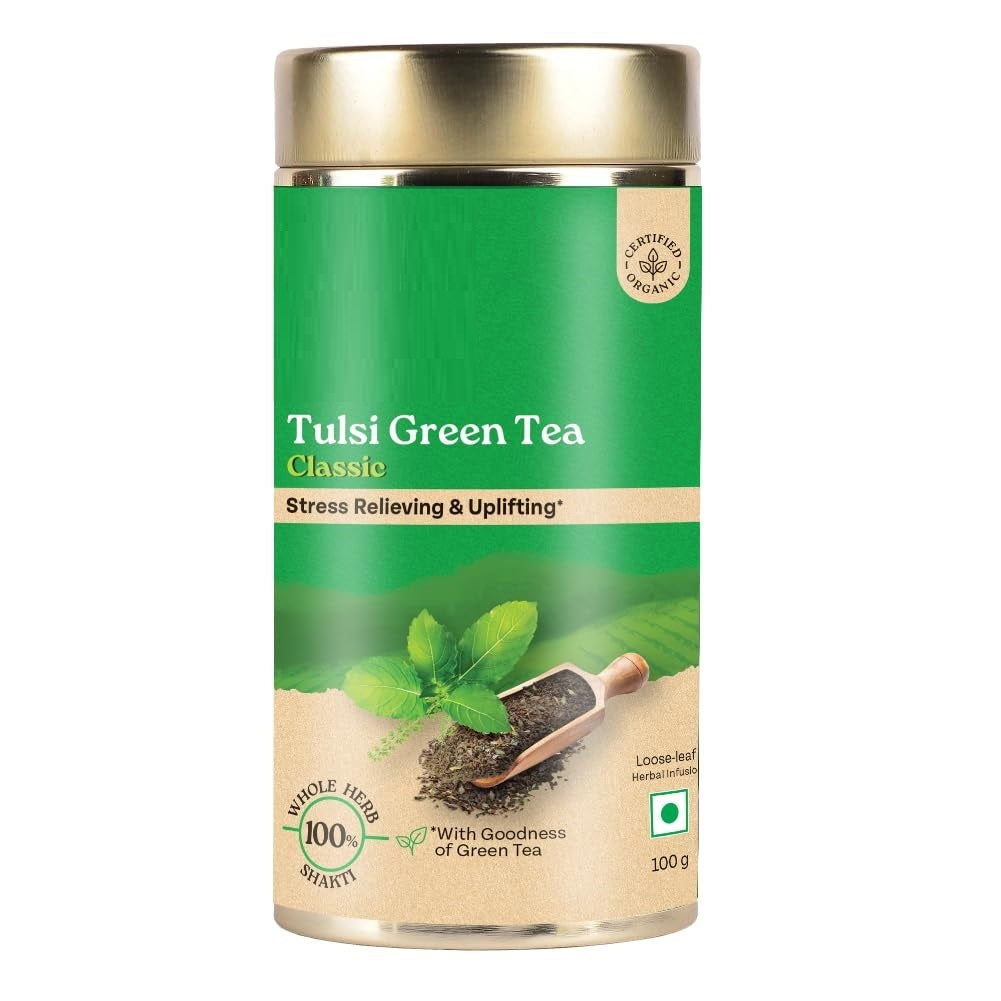 Pear Vanilla Tulsi Green Tea Classic loose leaf in a 100g package, ideal for home brewing and herbal tea enthusiasts.