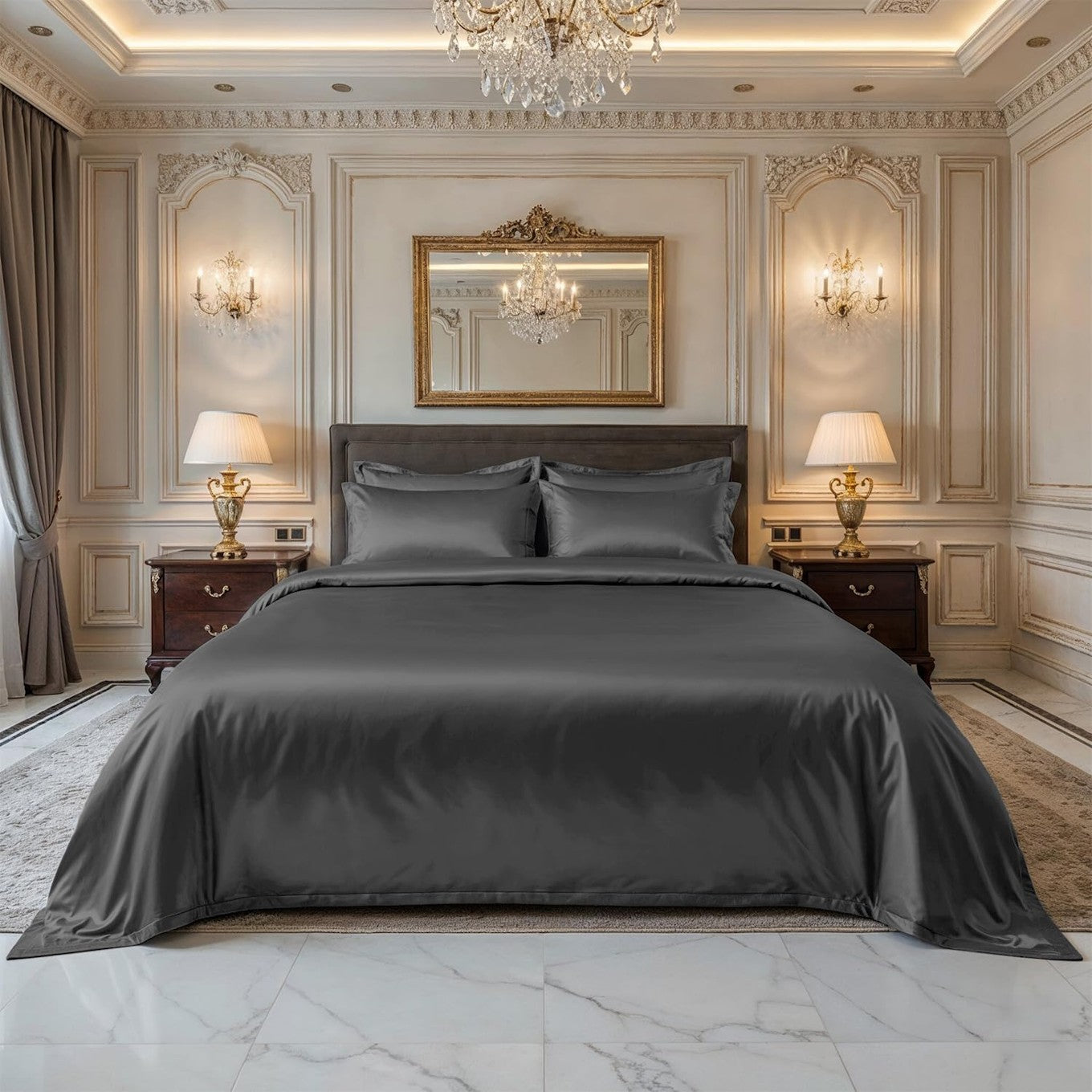 Grey king size bamboo silk bedsheet set by Lilac Hercules, showcasing smooth, luxurious fabric and elegant bedding design.