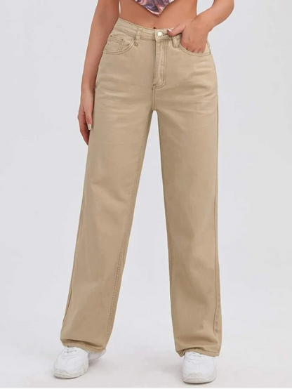 Women’s high rise beige denim jeans by Ochre Ourea, front view showing classic five-pocket design and fitted silhouette.