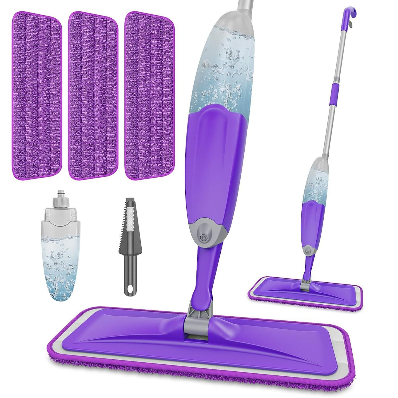 Chocolate Castor spray mop with three reusable pads for easy cleaning and floor maintenance in home and garden spaces.