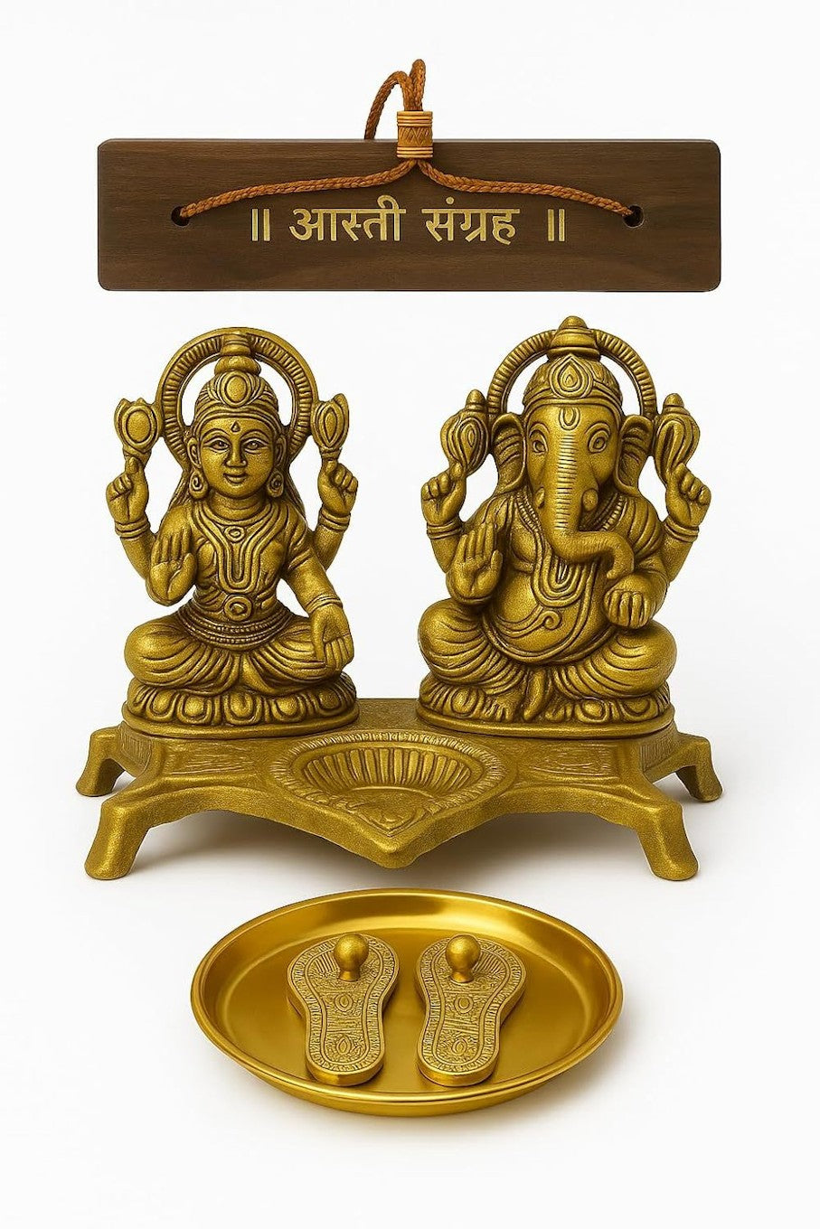 Brass Lakshmi Ganesh Puja Set with accessories, featuring detailed religious figures, ideal for Hindu worship rituals.