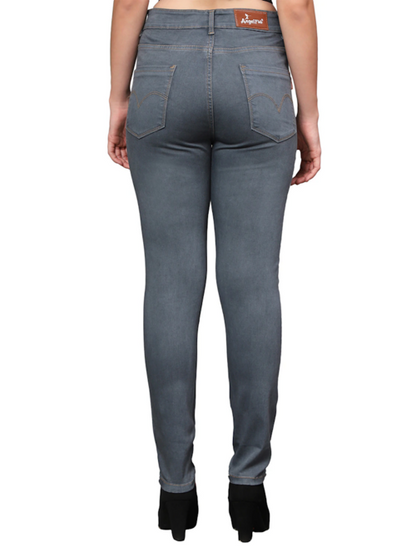 Women’s high-rise grey denim jeans by Ochre Ourea, size 28, displayed on a hanger with a relaxed fit and classic five-pocket style.
