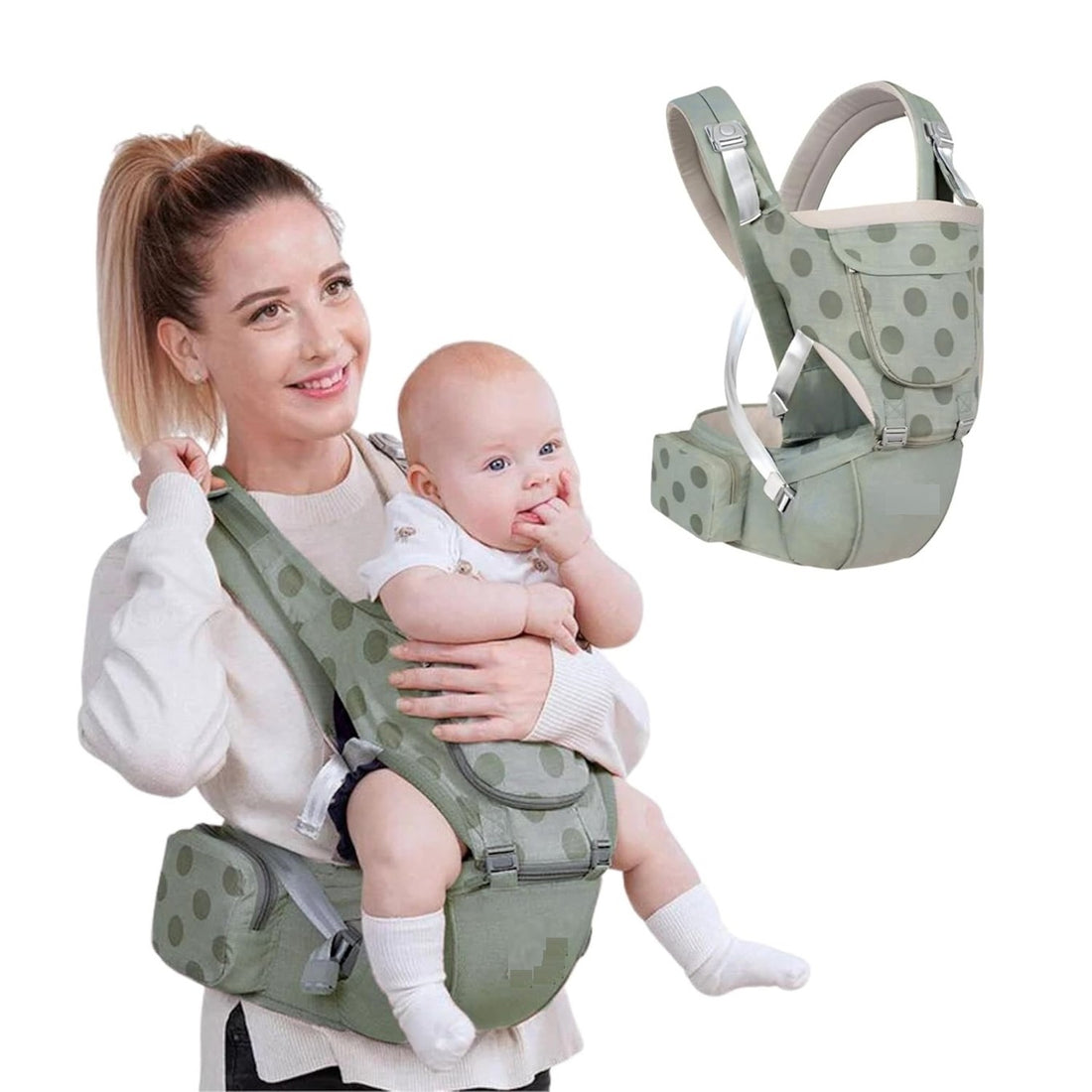 Gray Themis newborn baby carrier bag in green, showing five carry positions with a soft fabric design for kids and babies.