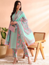 Women’s turquoise floral printed suit set by Viridian Pontus, featuring a stylish, coordinated top and pants in vibrant floral print.