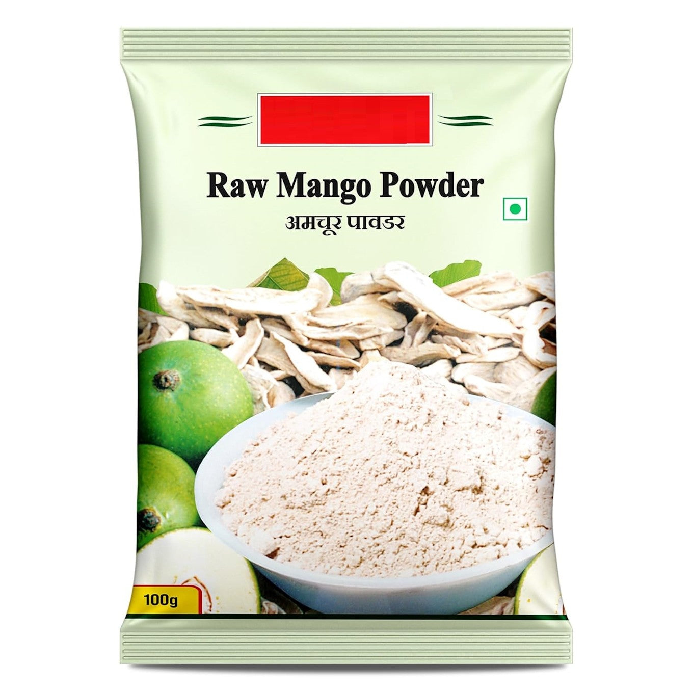 Dry mango powder (Amchur) in a 100g package by Ivory Chestnut, used for cooking and flavoring in the kitchen.