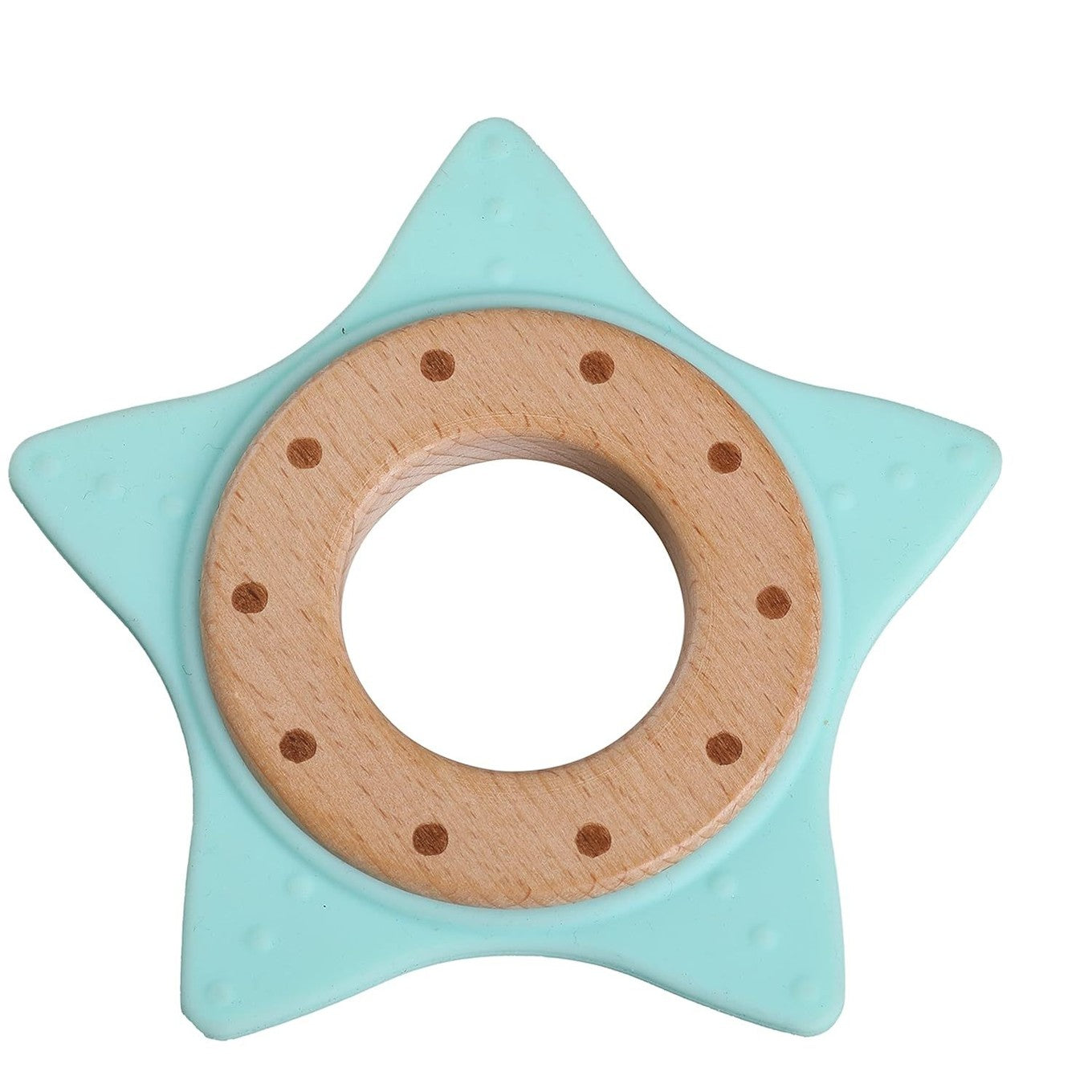 Coffee Eos silicone and wood ring baby teether, designed for bath and beauty, featuring a soft silicone and natural wood texture.