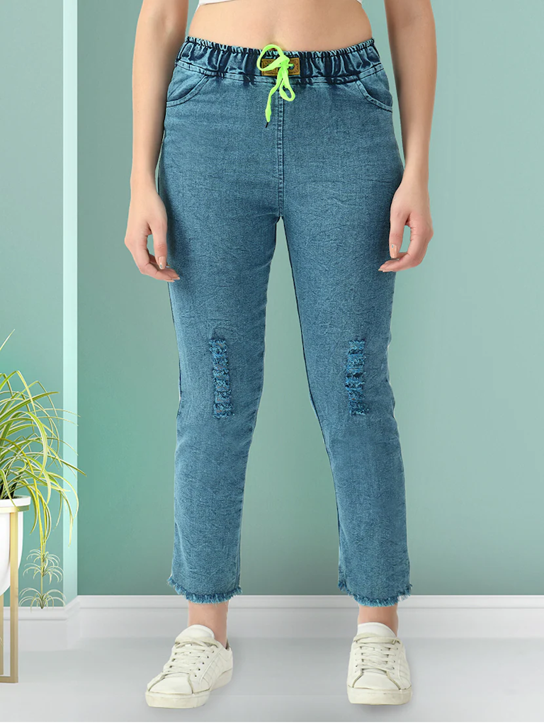 Dark blue high-rise denim jeans for women by Ochre Ourea, shown on a model, with a close-up of the jeans&