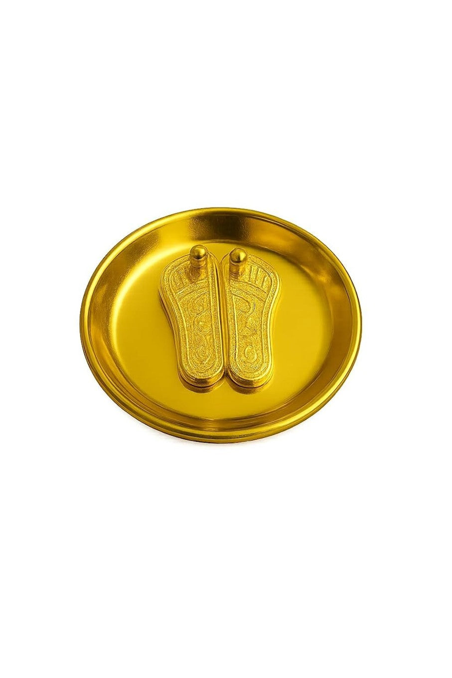 Golden Charan Paduka Pooja Plate by Erin Hera, decorative accessories with intricate design for religious rituals and offerings.