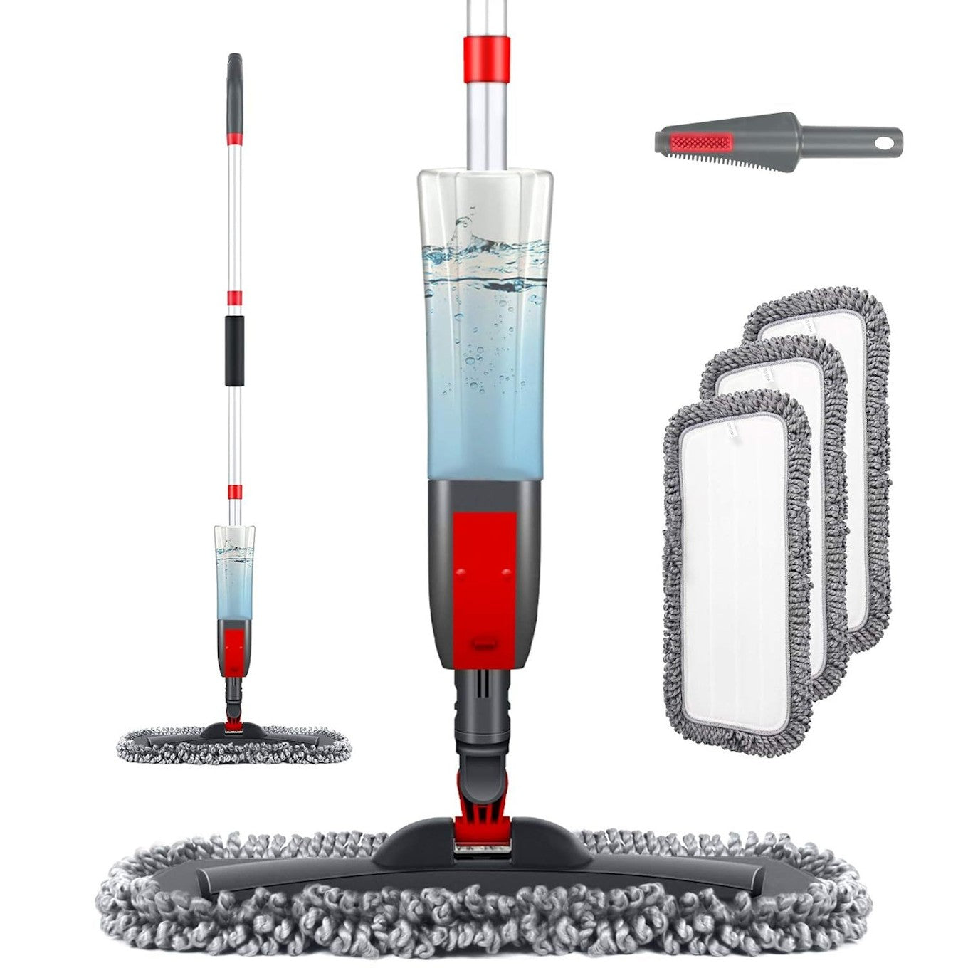 Chocolate Castor spray mop with refill bottle and cleaning pads for easy floor cleaning in home and garden.