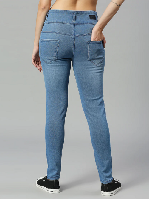 Blue high rise denim jeans for women by Ochre Ourea, size 28, displayed on a model showing the front view.