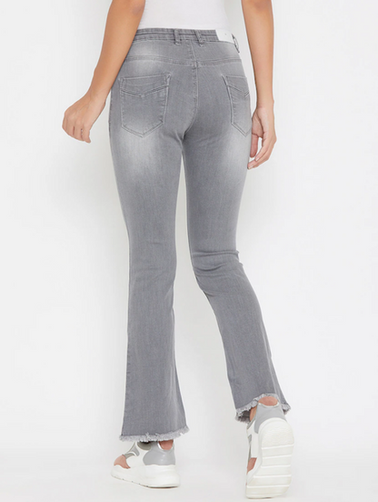 Women’s high rise grey denim jeans by Ochre Ourea, front view showing classic five-pocket design and slim fit style.