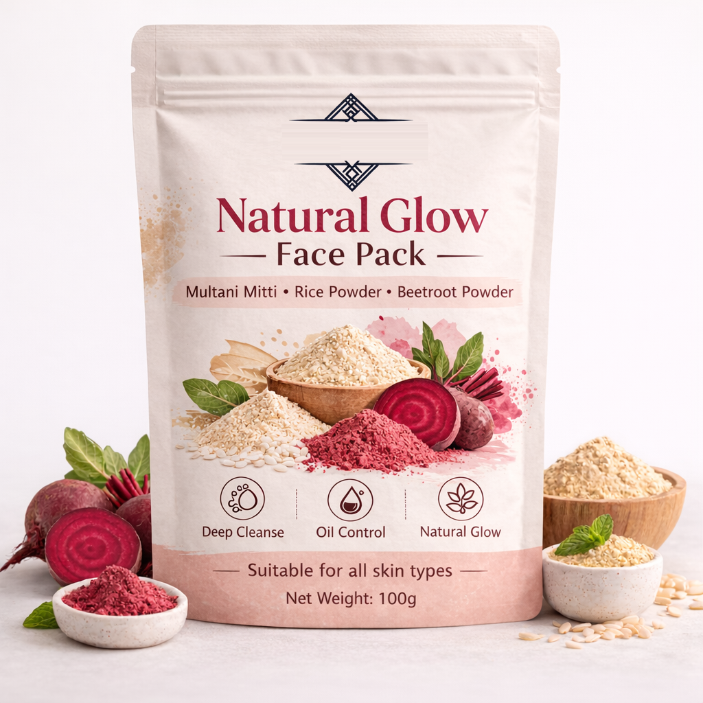 Beige Lucky Natural Glow Face Pack with Beetroot and Rice Powder for radiant skin, shown in a jar with natural ingredients.