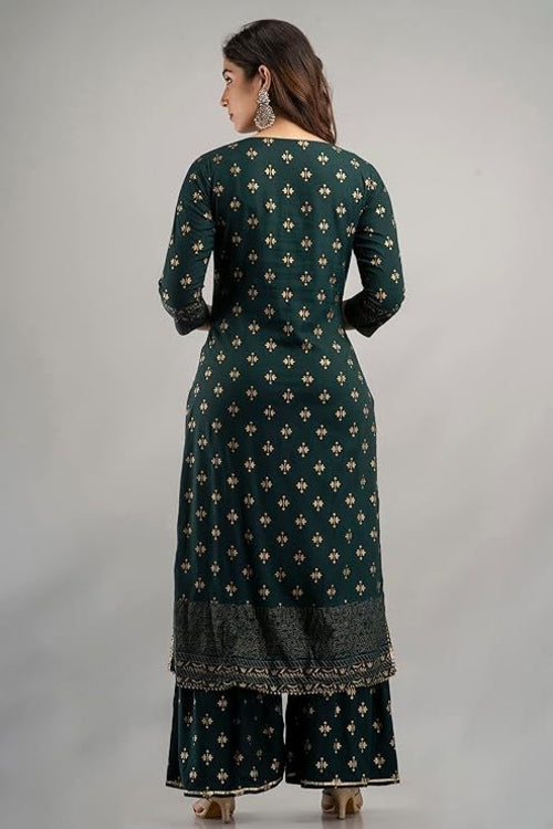 Green rayon gold printed straight kurta with sharara and dupatta set for women, featuring elegant traditional design by Olive Huckleberry