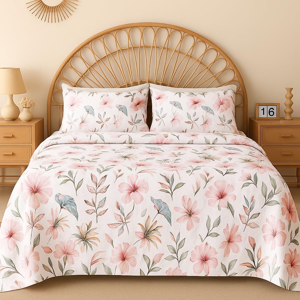 Pink floral double bedsheet set made of cotton by Violet Achilles, featuring a decorative pattern suitable for home bedroom decor.