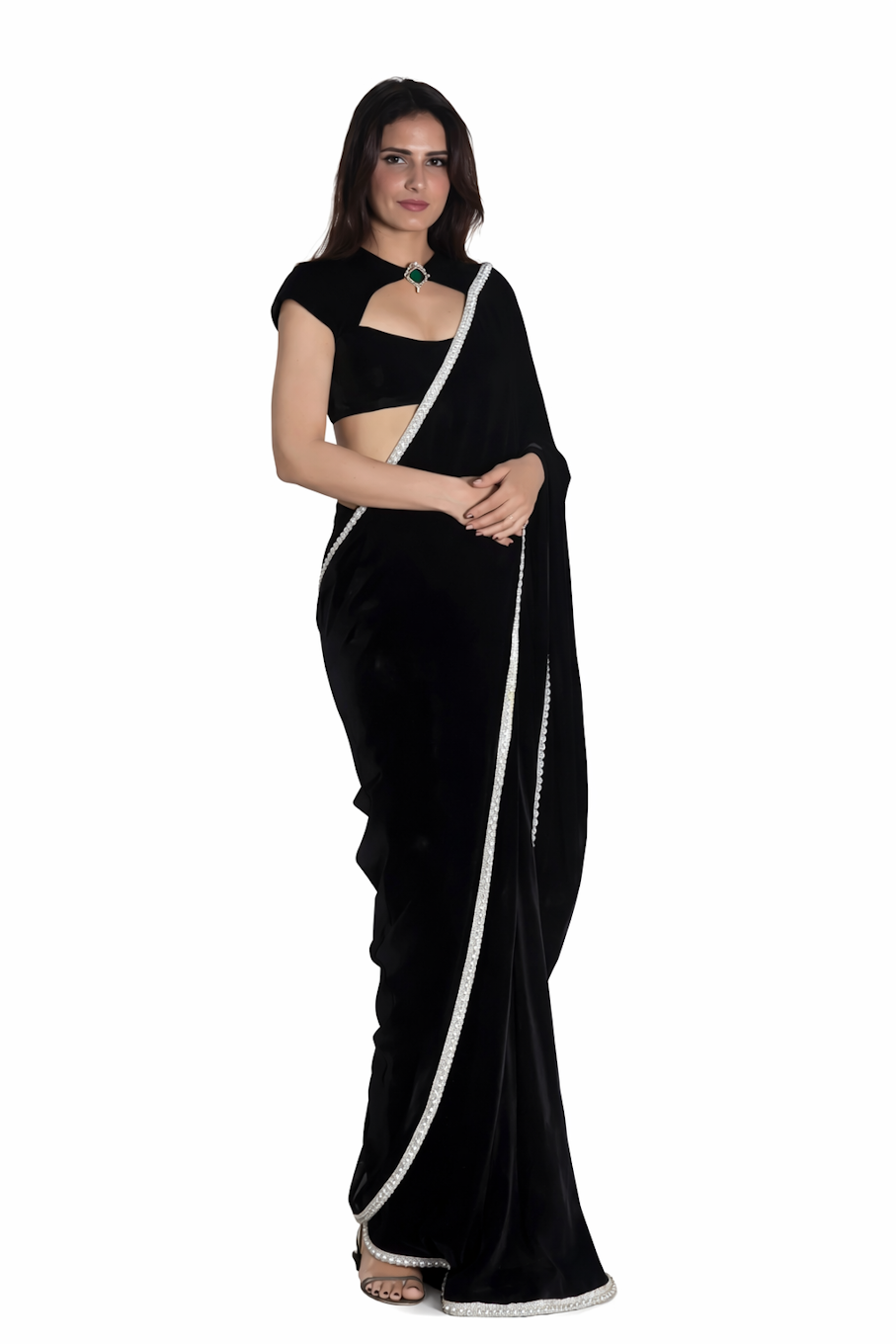 Elegant gold and colorful ethnic saree from Gold Clymene featuring modern design and stylish appeal, draped on a model.