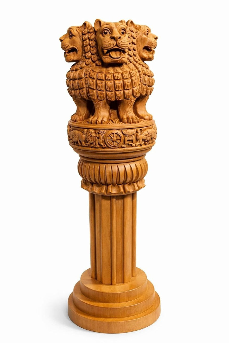 Wooden Ashok Stambh lion sculpture accessory by Erin Hera, featuring intricate carved details and traditional Indian design.
