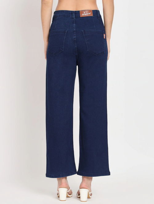 Women’s high rise navy blue denim jeans by Ochre Ourea, size 28, showing the front view with classic five-pocket design.