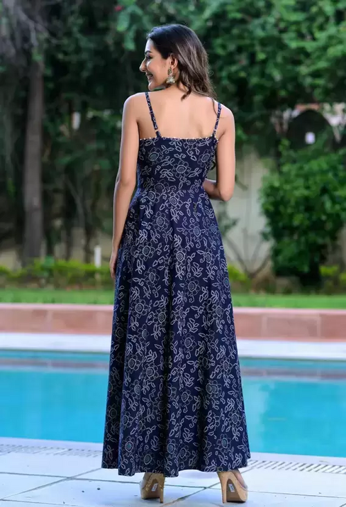 Women’s blue printed viscose rayon ethnic dress by Chocolate Poseidon, size L, featuring traditional patterns and flowing fabric.