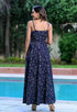 Women’s blue printed viscose rayon ethnic dress by Chocolate Poseidon, size L, featuring traditional patterns and flowing fabric.
