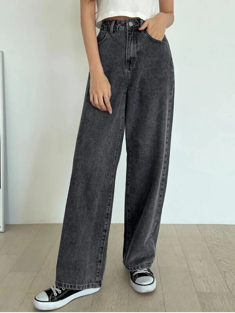 Women’s high rise grey denim jeans by Ochre Ourea, showcasing the front view and classic high waist design.