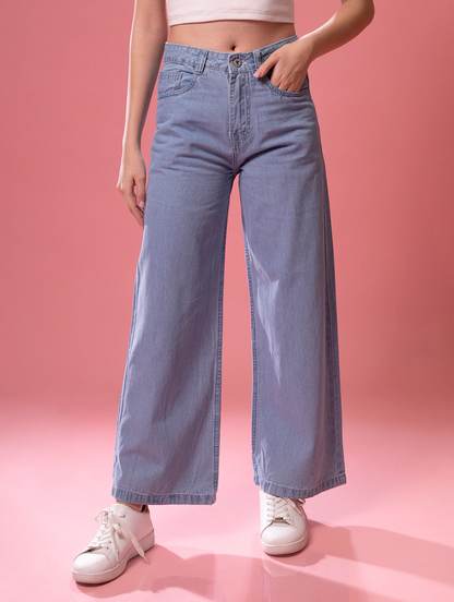 Light blue high rise denim jeans for women by Ochre Ourea, front view showing classic fit and stylish design.