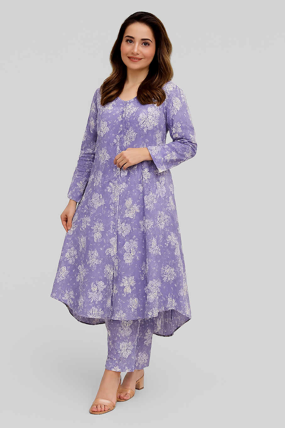 Purple floral printed kurta set for women by Magenta Icarus, featuring elegant design and traditional style.