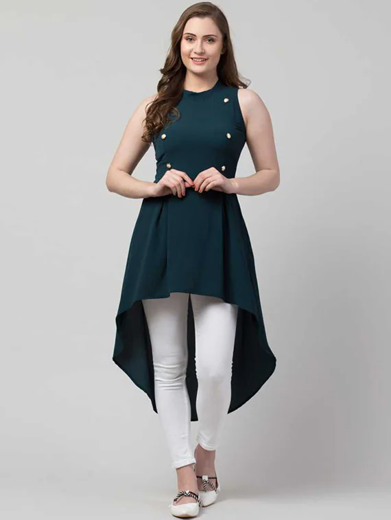Women’s dark green high-low dress by Pear Summer Lilac, size L, showing flowing fabric and stylish design.