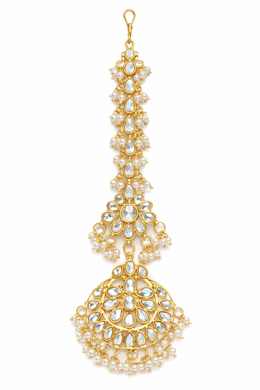 Elegant Matha Patti Maang Tikka set by Amaranth Beech featuring intricate jewelry design on shiny gold-tone metal.