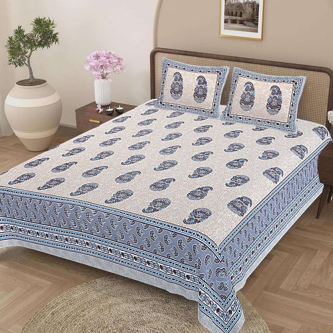 Blue Jaipuri Cotton King Bedsheet from Violet Achilles featuring traditional patterns and soft, breathable fabric for comfortable sleep.