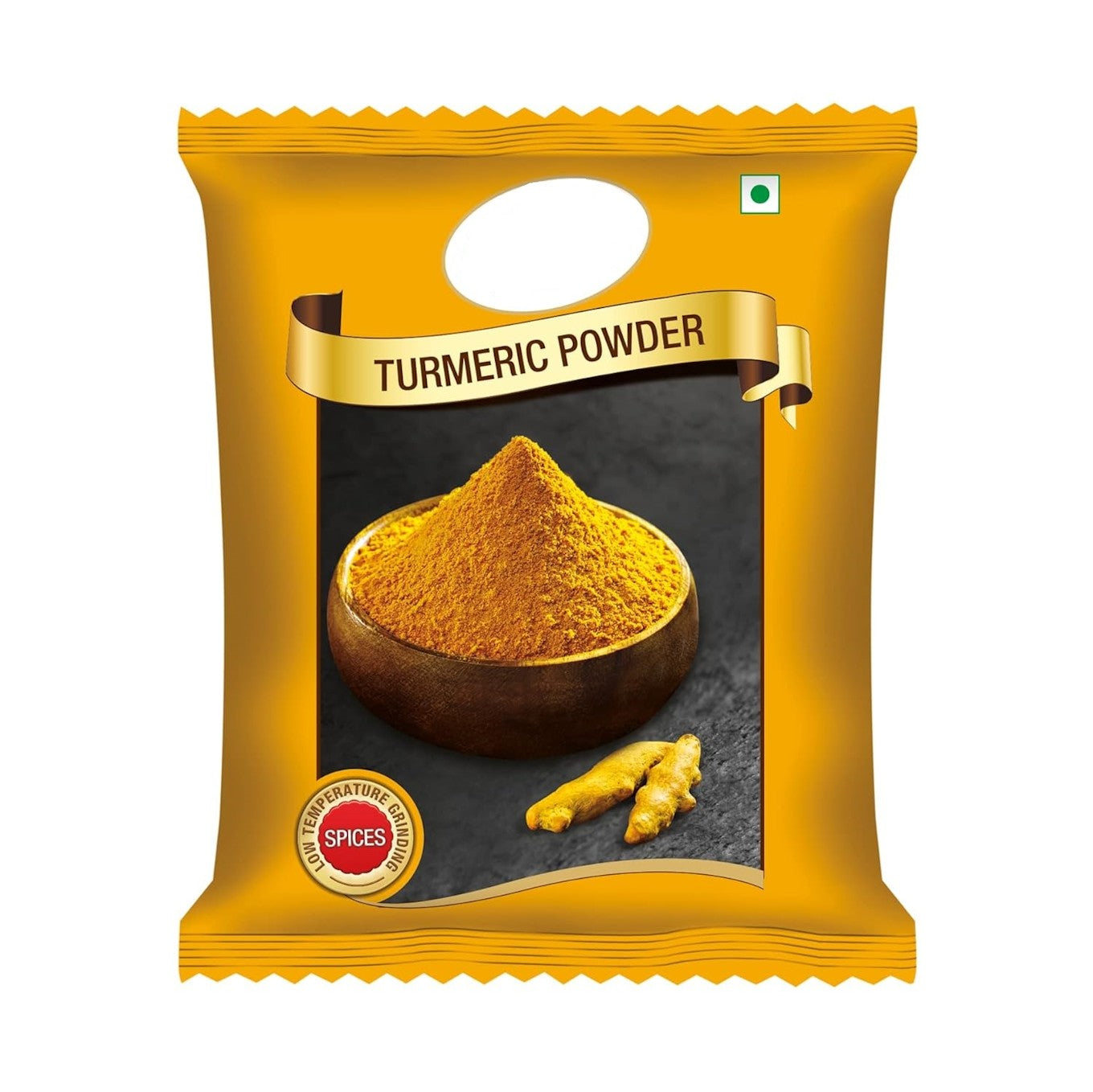 Ivory Chestnut turmeric powder haldi in a 200g package, used for cooking and herbal remedies, with vibrant yellow-orange spice visible.