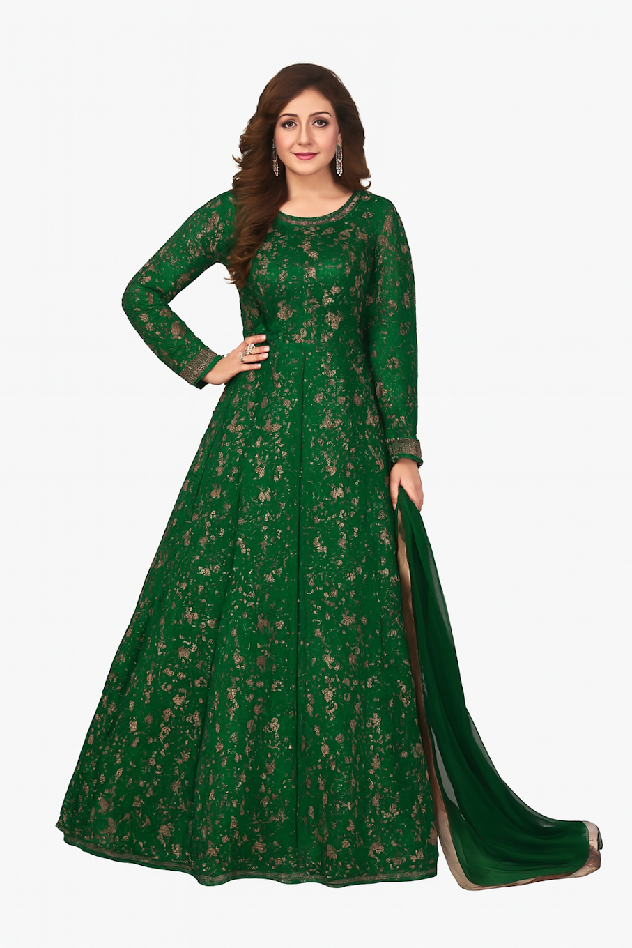 Green embroidered designer gown for women by Grey Diomedes, featuring intricate embroidery and elegant fabric, size 5XL.