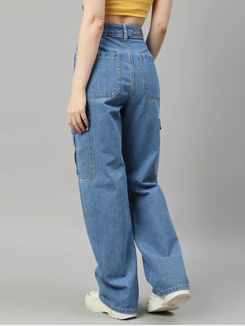 Light blue high rise denim jeans for women by Ochre Ourea, shown laid flat with pockets and belt loops.