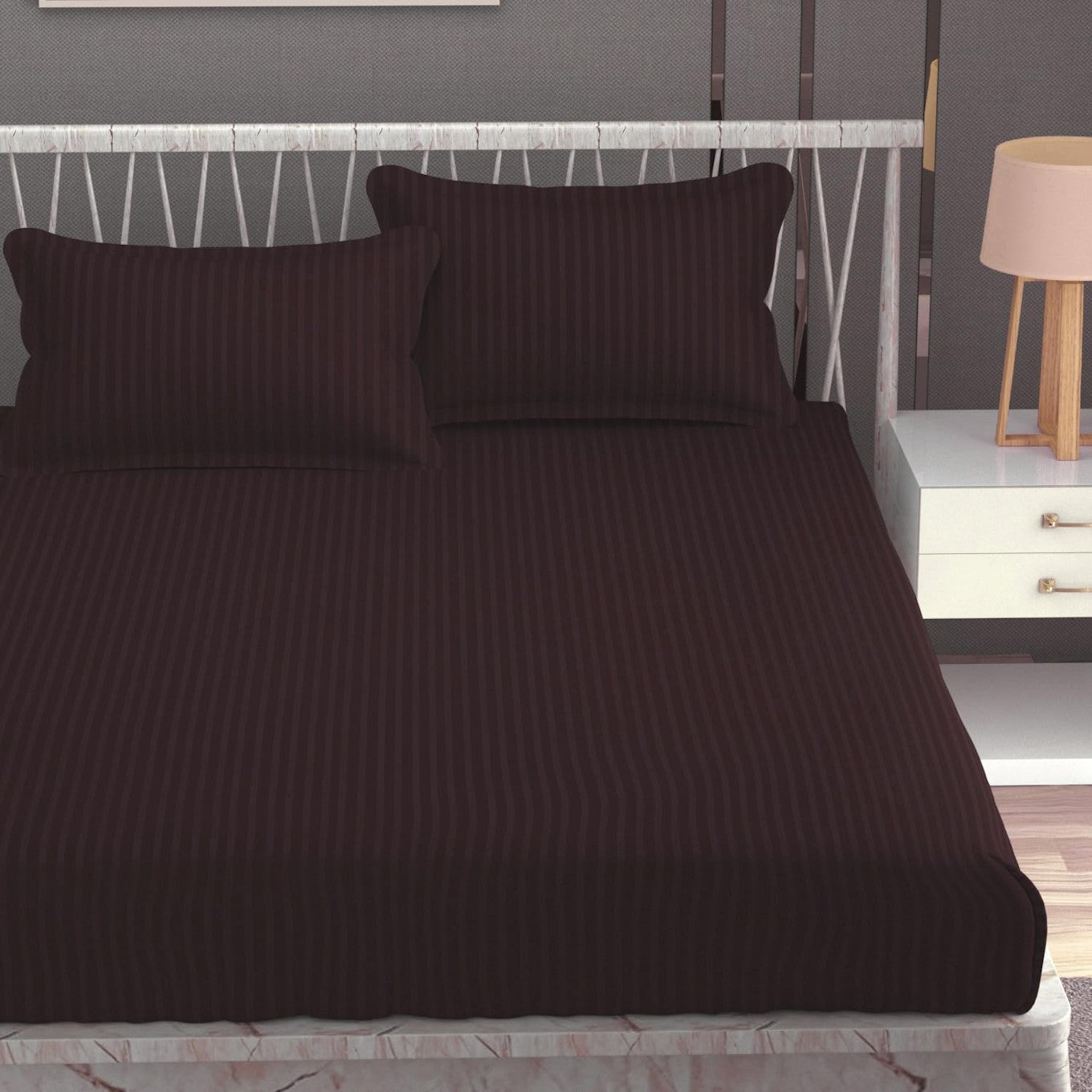 Brown Stripe Glace Cotton Bedsheet set by Lilac Hercules, featuring soft, patterned fabric for a comfortable bedroom decor.