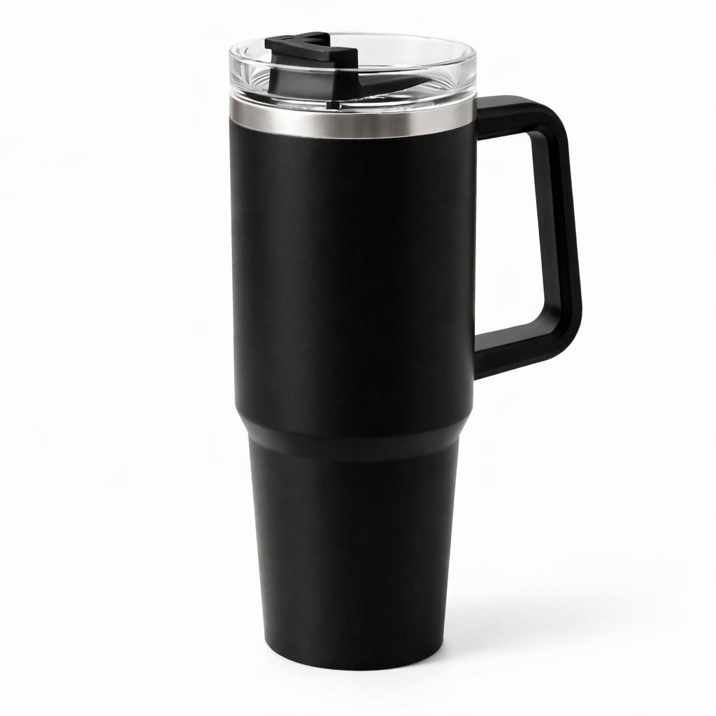 Black stainless steel travel mug with handle by Amethyst Ophion, featuring a sleek design for on-the-go beverages.
