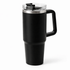 Black stainless steel travel mug with handle by Amethyst Ophion, featuring a sleek design for on-the-go beverages.