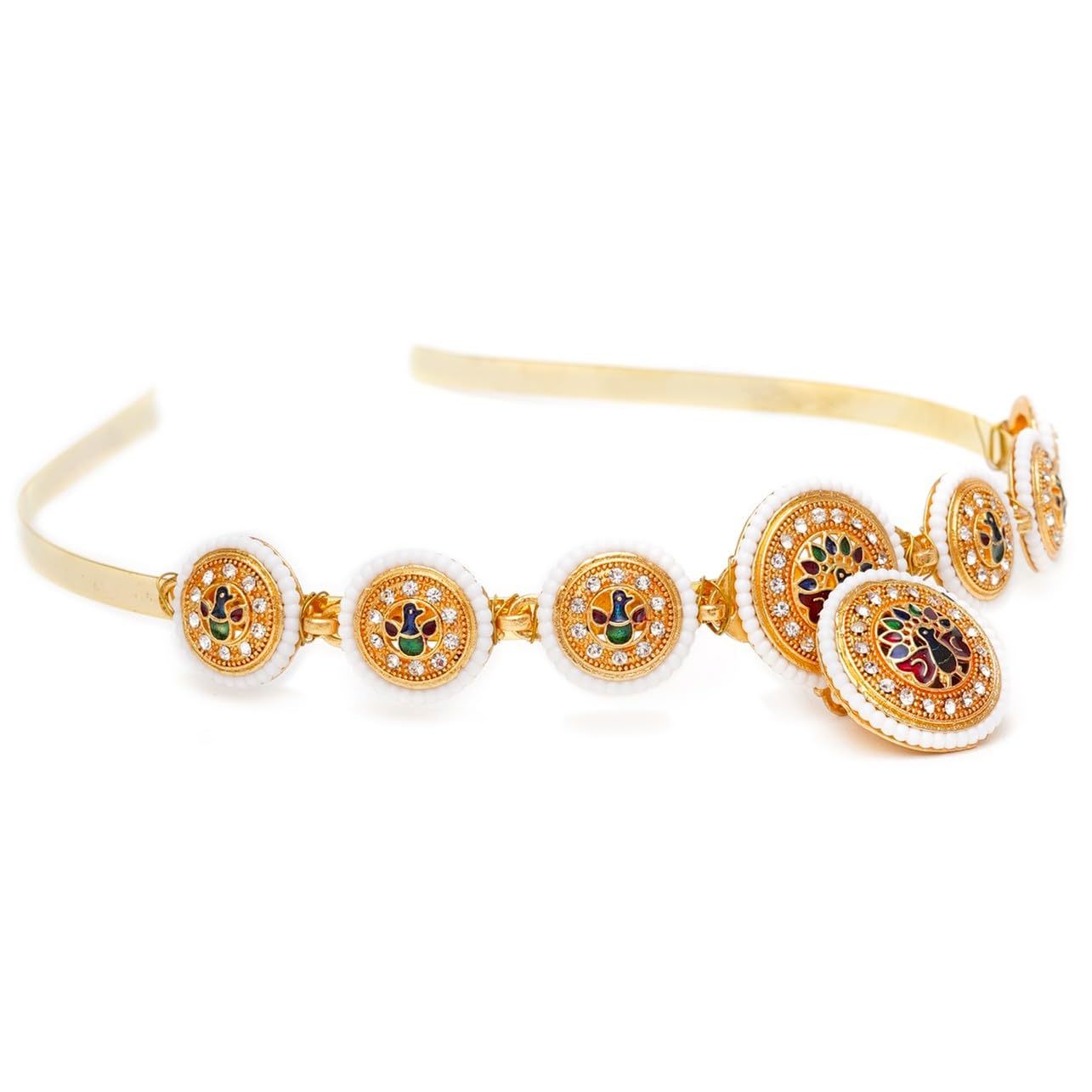 Beige Eros peacock hairband with mang tika accessory, featuring intricate design and decorative details for traditional fashion.
