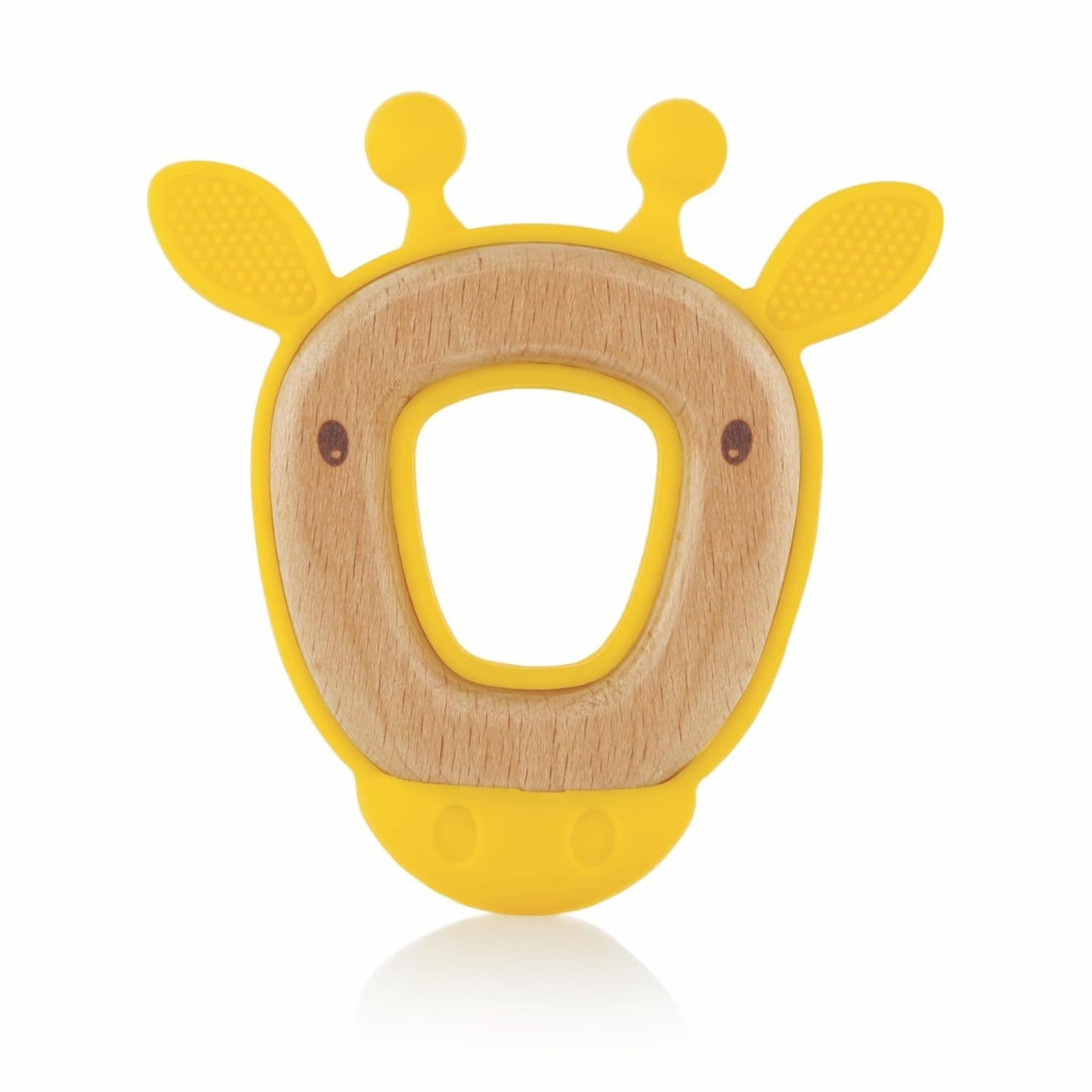 Coffee Eos Giraffe Silicone and Wood Baby Teether, ideal for soothing babies during bath and beauty routines.