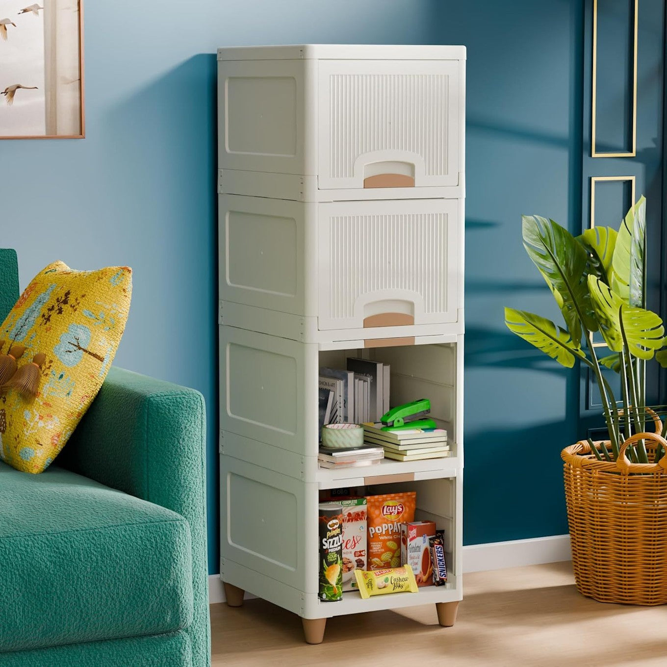 White plastic wardrobe organizer cupboard for clothes by Champagne Jocasta, featuring multiple compartments for storage.