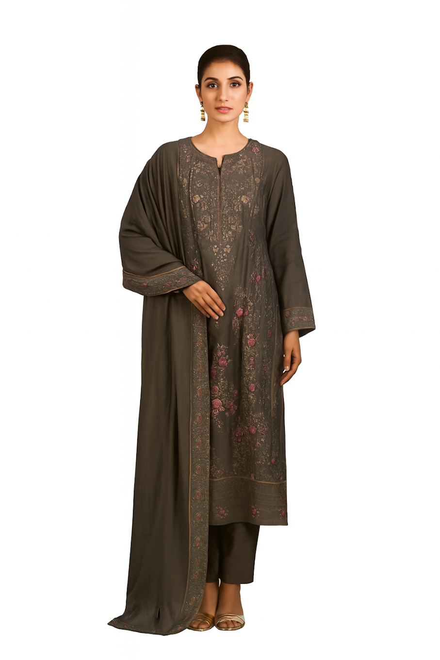 Women’s black designer embroidery kurta set by Purple Apricot, shown in size XS with intricate embroidery details.